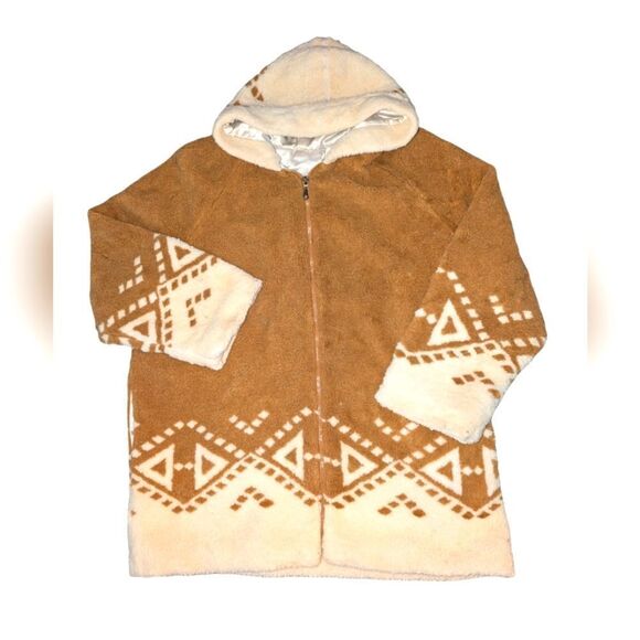 Women's vintage tan and white fleece jacket size large boho‎ - Picture 1 of 9